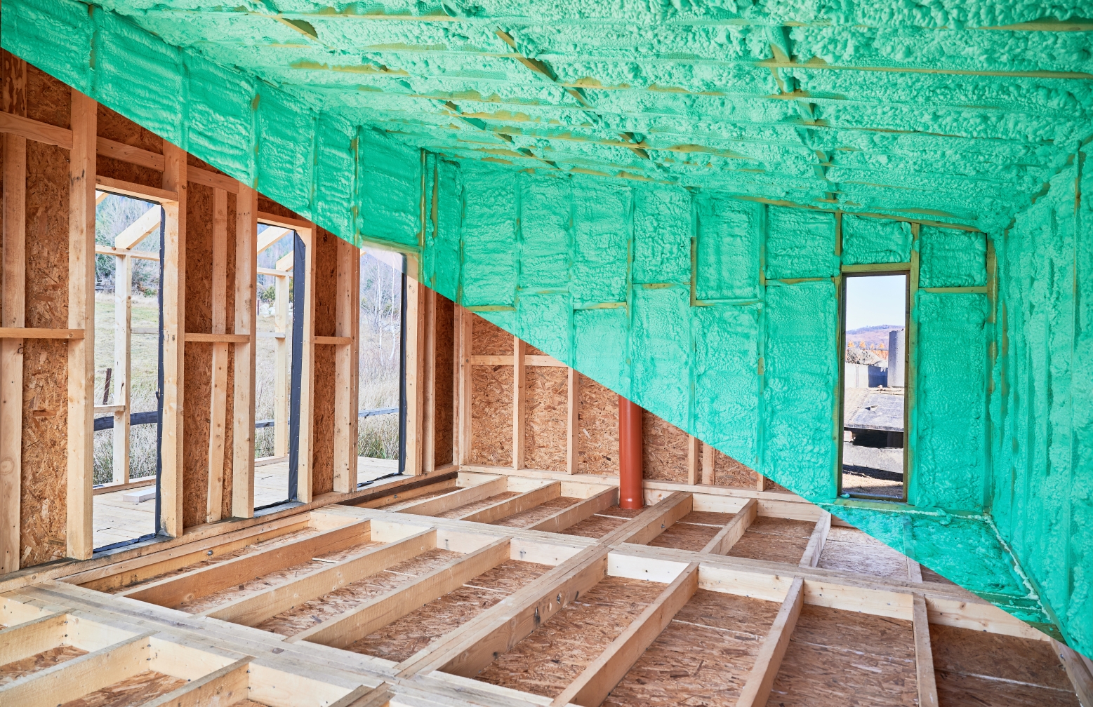 Before and after comparison of spray foam insulation in a framed home